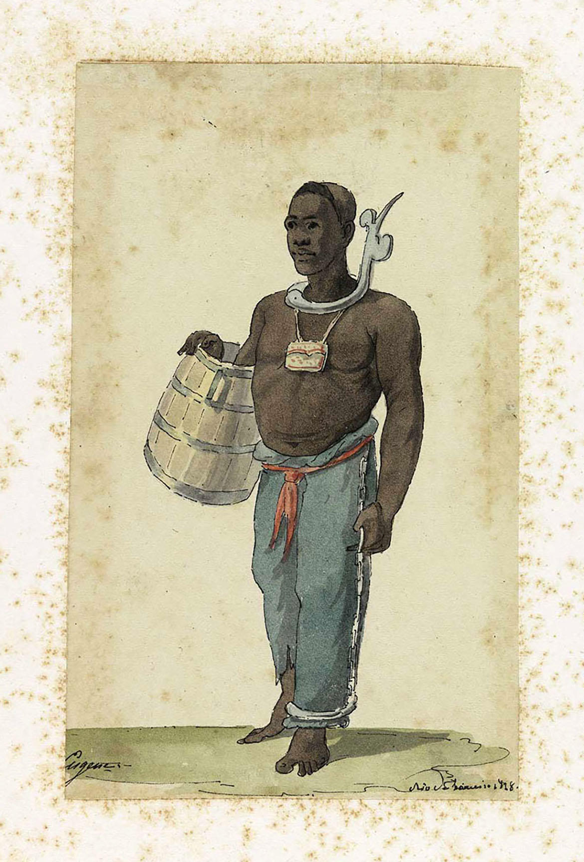 1828 drawing of Brazilian slave with metal hook restraint.