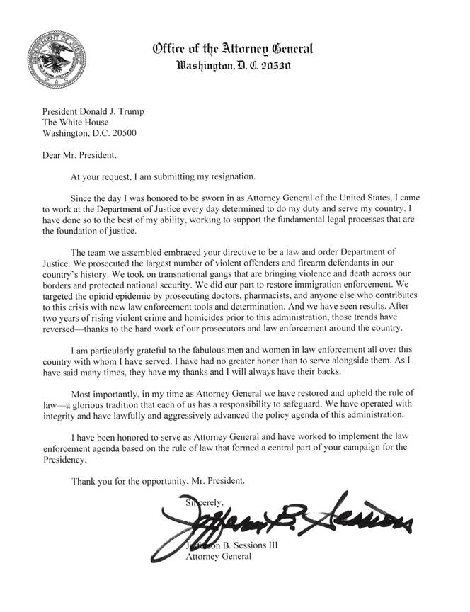 Jeff Sessions Resignation Letter