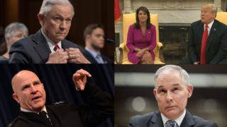 Resignations from Trump Administration (from left clockwise) Attorney General Jeff Sessions, U.N. Ambassador NIkki Haley with Donald Trump, EPA Administrator Scott Pruitt, National security adviser H.R. McMaster