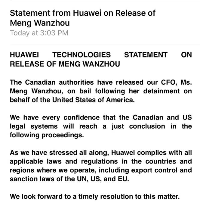 Statement from Huawei on Release or Meng Wanzhou