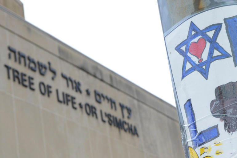 The facade of the Tree of Life synagogue where a mass shooting occurred last Saturday in Pittsburgh
