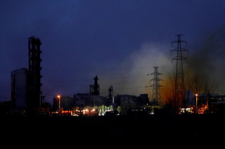 Smoke billows from the pesticide plant owned by Tianjiayi Chemical following an explosion, in Xiangshui