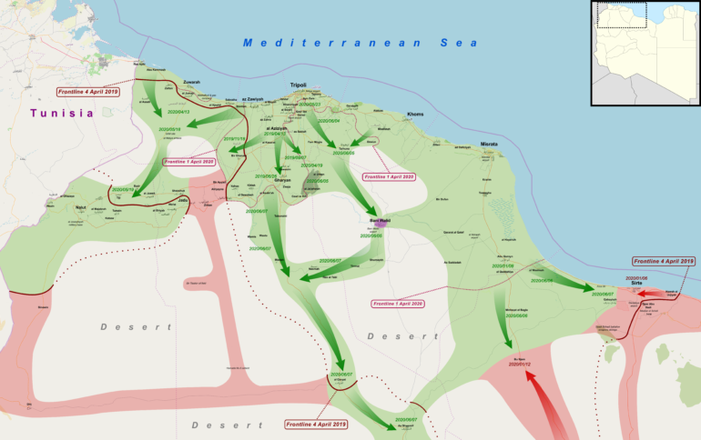Map showing the Libyan National Army operation to retake Tripoli and the rest of Libya from the Government of National Accord and allies