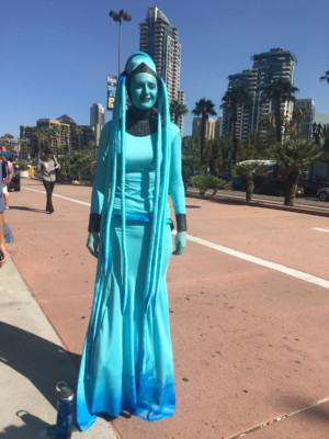 Woman dressed as a blue alien