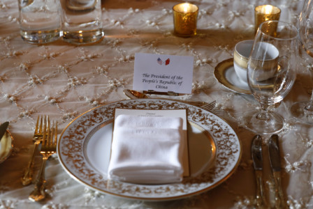 The dinner place setting for Chinese President Xi Jinping is photographed at the Mar-a-Lago resort in Palm Beach, Fla., on Thursday, April 6, 2017, ahead of a dinner hosted by President Donald Trump . (AP Photo/Alex Brandon) Trump US China