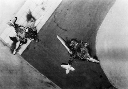 Egyptian airforce MiG-21 fighters lying destroyed at an airfield after being hit by bulls-eye raids from Israeli war planes on June 5, 1967. (FILE / ISRAELI GOVERNMENT PRESS OFFICE)