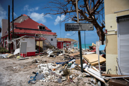 A picture taken on September 11, 2017 shows the rubbles from collapsed buildings in Grand-Case, on the French Caribbean island of Saint-Martin after it was hit by Hurricane Irma. (AFP PHOTO / Martin BUREAU)
