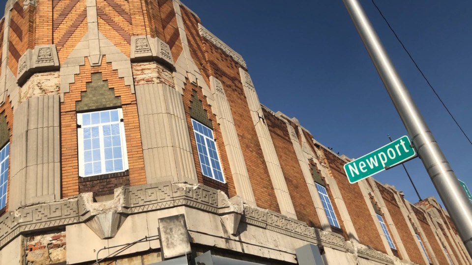 Exterior view of the abandoned Vanity Ballroom in Detroit's Jefferson-Chalmers neighborhood.