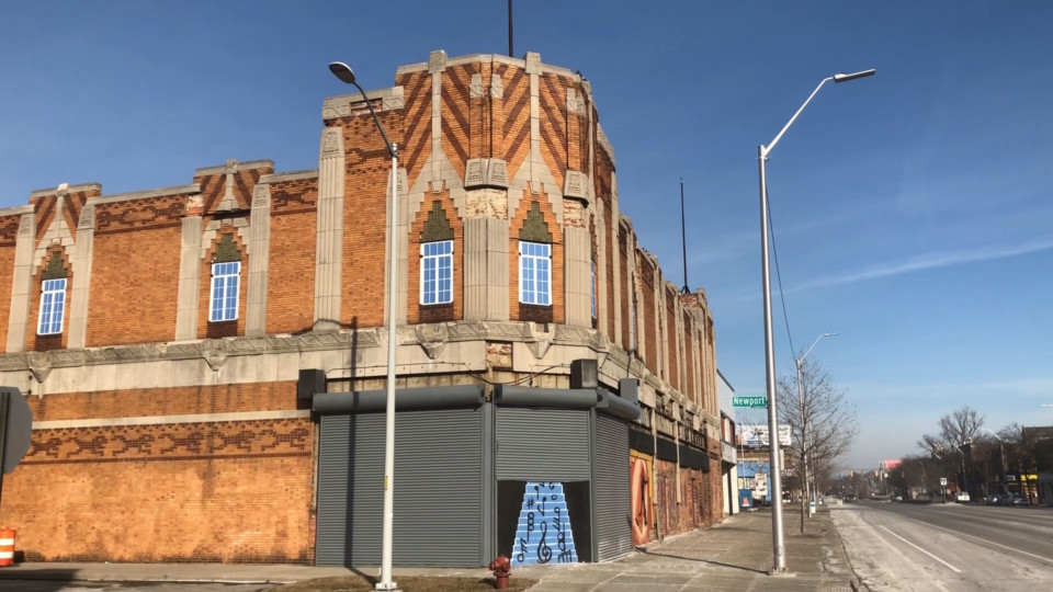 Exterior view of the abandoned Vanity Ballroom in Detroit's Jefferson-Chalmers neighborhood.