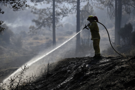 A firefighter hoses down hot spots along Highway 243 on Thursday, July 26, 2018, near Idyllwild, Calif. A fast-moving wildfire tore through trees, burned several homes and forced evacuation orders for an entire mountain town. (AP Photo/Marcio Jose Sanchez) Firefighter hoses