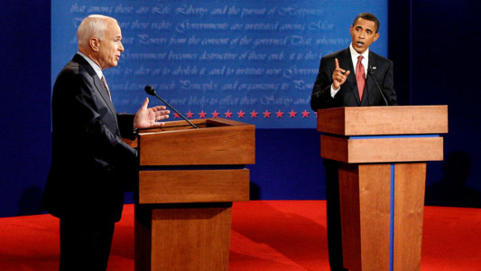 FILE PHOTO - U.S. Republican presidential candidate John McCain (L) and U.S. Democratic presidential candidate Barack Obama (R) take part in their first 2008 U.S. presidential debate at the University of Mississippi in Oxford, Mississippi, U.S., September 26, 2008. REUTERS/Jim Bourg/File Photo