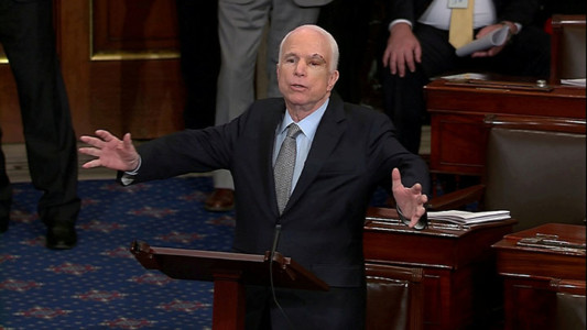 FILE PHOTO:A still image from video shows U.S. Senator John McCain (R-AZ), who had been recuperating in Arizona after being diagnosed with brain cancer, speaking on the floor of the U.S. Senate after returning to Washington for a vote on healthcare reform in Washington, U.S., July 25, 2017. SENATE TV/Handout via REUTERS. FOR EDITORIAL USE ONLY. NO RESALES. NO ARCHIVES