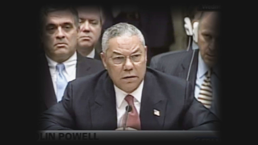In 2003, Colin Powell addresses the U.N. with what he says are “irrefutable facts” Iraq has weapons of mass destruction. His claims went largely unchallenged, giving way to the start of the Iraq War. The moment would later become an iconic representation of government misleading society.