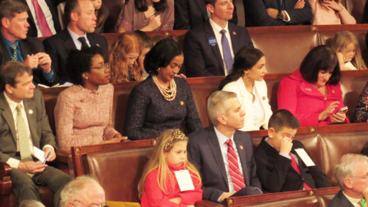 Freshmen lawmakers Rep. Lauren Underwood of Illinois, Rep. Jahana Hayes of Connecticut, Rep. Alexandria Ocasio-Cortez of New York await the swearing in of the 116th House of Representatives. (Photo: Lisa Chiu)