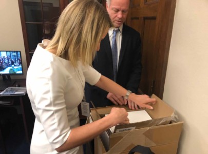 Andrea Harris, chief of staff for Freshman Congresswoman Lauren Underwood of Illinois inspects the just delivered office stationary on the first day of the 116th Congress.
