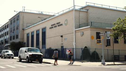 The facade of a junior high school in Yonkers, NY